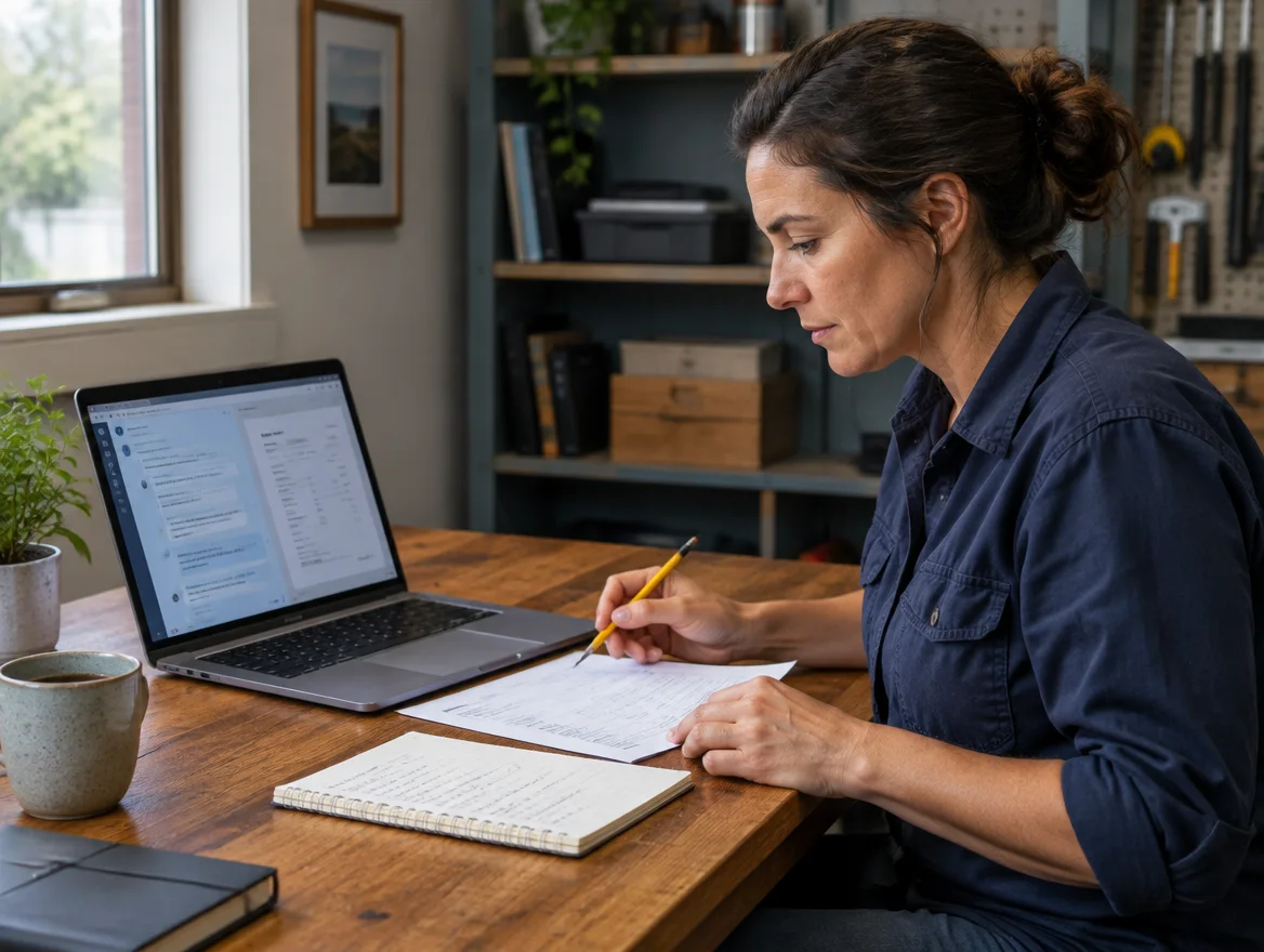 A business owner checking an AI draft against her job notes