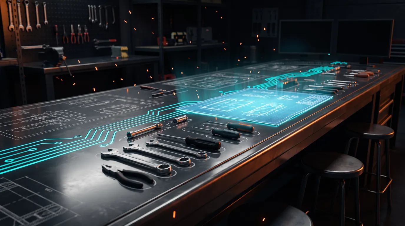A workbench with tools laid out in shadow-board order around a glowing blueprint